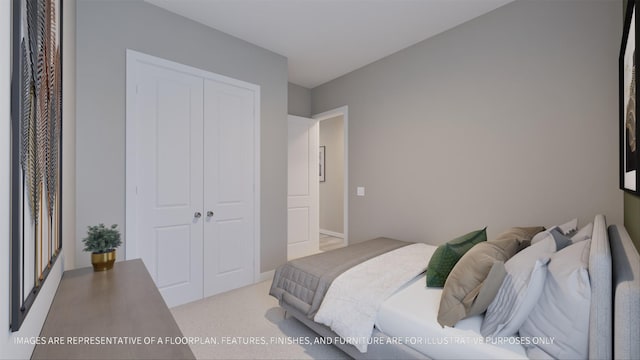 bedroom featuring light colored carpet and a closet