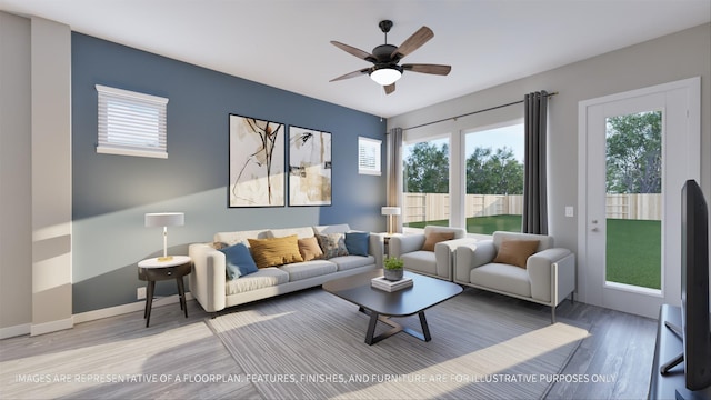 living room featuring ceiling fan and wood-type flooring