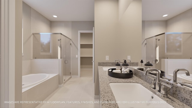 bathroom with separate shower and tub, tile patterned flooring, and vanity