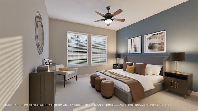 bedroom featuring light carpet and ceiling fan