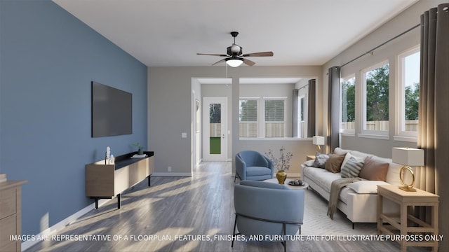 living room featuring ceiling fan and wood-type flooring