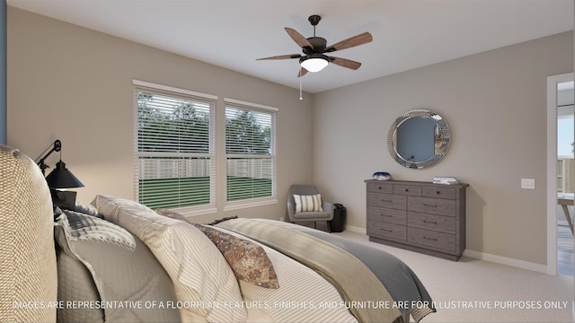 bedroom featuring light carpet and ceiling fan