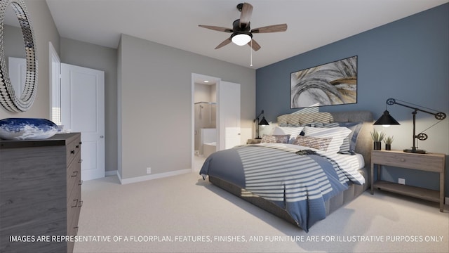 carpeted bedroom with ceiling fan and ensuite bath