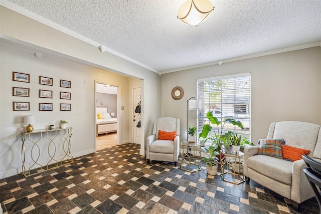 sitting room with a textured ceiling and crown molding