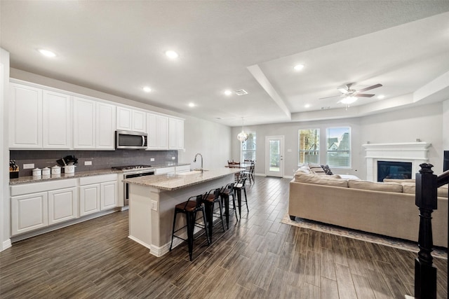 kitchen featuring white cabinets, appliances with stainless steel finishes, and an island with sink