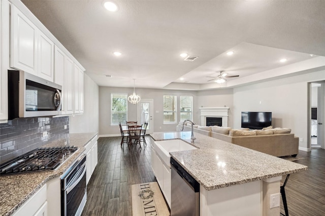 kitchen with white cabinets, sink, stainless steel appliances, and a center island with sink