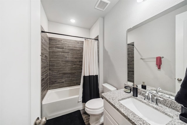 full bathroom with vanity, toilet, wood-type flooring, and shower / tub combo with curtain