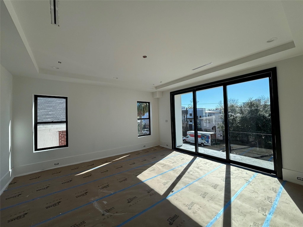 unfurnished room with a raised ceiling