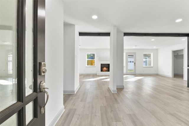 entrance foyer featuring light wood-type flooring, a large fireplace, and a healthy amount of sunlight