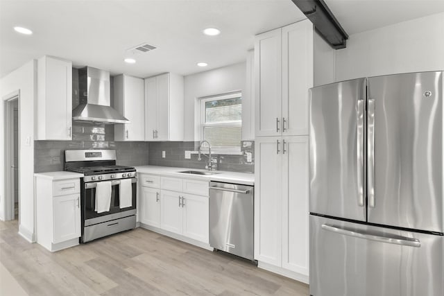 kitchen with sink, wall chimney exhaust hood, backsplash, white cabinets, and appliances with stainless steel finishes