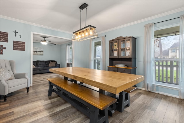 dining space featuring hardwood / wood-style flooring, ceiling fan, and crown molding