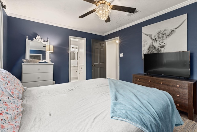 bedroom with ensuite bathroom, ceiling fan, and crown molding