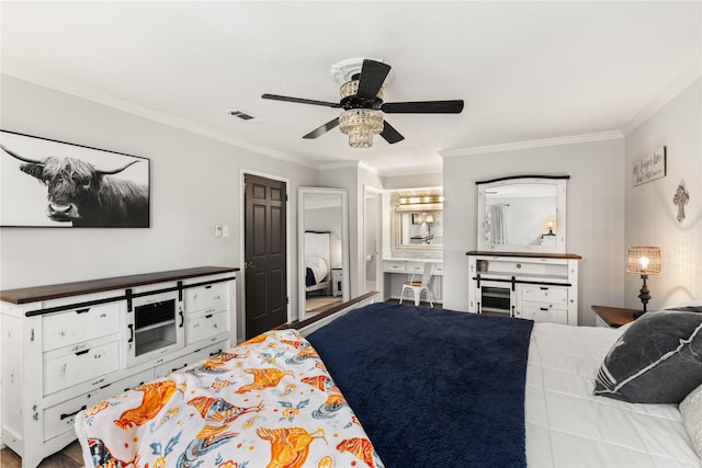 bedroom featuring ceiling fan and ornamental molding