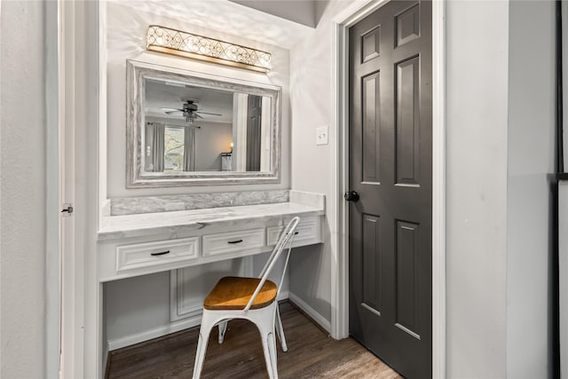 bathroom featuring ceiling fan, hardwood / wood-style floors, and vanity