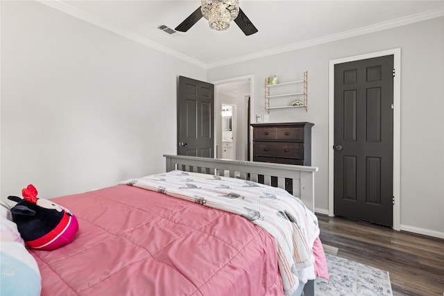 bedroom featuring ceiling fan, hardwood / wood-style floors, and ornamental molding