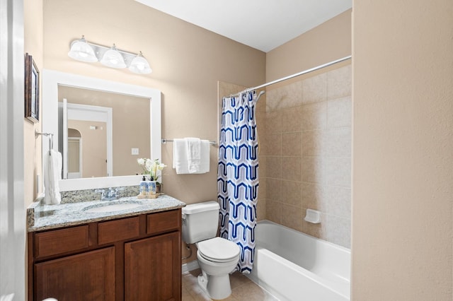 full bathroom with toilet, vanity, tile patterned flooring, and shower / bath combo with shower curtain