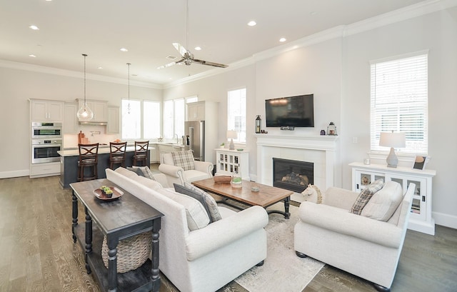 living room with a tiled fireplace, ceiling fan, dark hardwood / wood-style flooring, and plenty of natural light