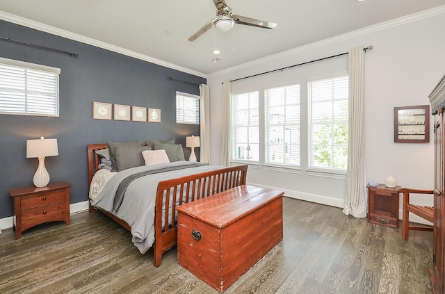 bedroom with dark wood-type flooring, ceiling fan, and ornamental molding