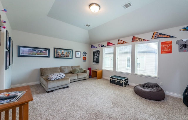 living room featuring carpet floors and a tray ceiling