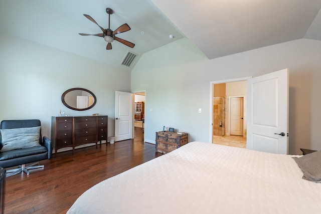 bedroom featuring ceiling fan, dark wood-type flooring, and vaulted ceiling