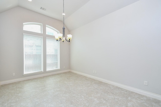 empty room with visible vents, baseboards, an inviting chandelier, and lofted ceiling