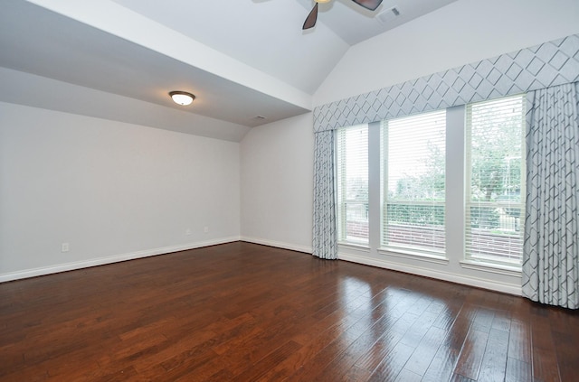 unfurnished room featuring ceiling fan, lofted ceiling, and dark hardwood / wood-style flooring