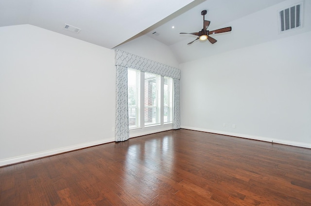 empty room with visible vents, baseboards, a ceiling fan, and lofted ceiling