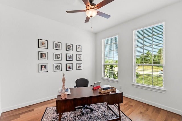 office space with wood-type flooring and ceiling fan