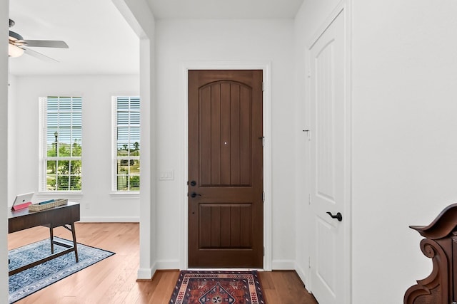 foyer with hardwood / wood-style flooring and ceiling fan