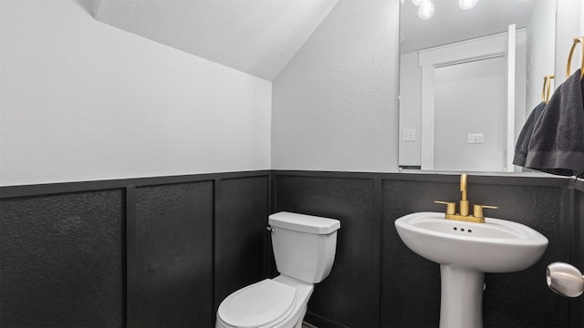 bathroom featuring toilet and lofted ceiling