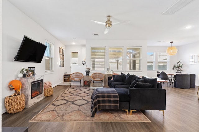 living room featuring a fireplace, wood-type flooring, and ceiling fan