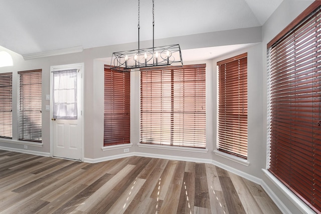 unfurnished dining area featuring hardwood / wood-style flooring and lofted ceiling