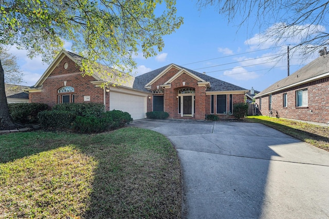 single story home with a garage and a front lawn