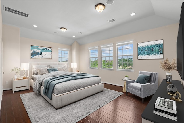 bedroom featuring lofted ceiling and dark hardwood / wood-style flooring