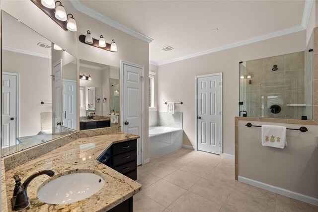 bathroom with vanity, tile patterned floors, ornamental molding, and shower with separate bathtub