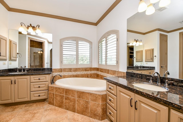 bathroom featuring tile patterned flooring, vanity, ornamental molding, and plus walk in shower