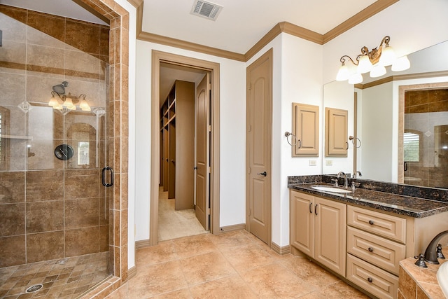 bathroom with vanity, plus walk in shower, and ornamental molding