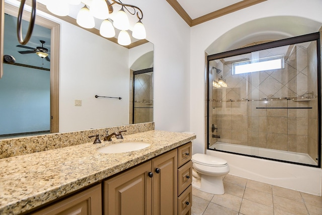 full bathroom with bath / shower combo with glass door, crown molding, tile patterned flooring, ceiling fan, and toilet