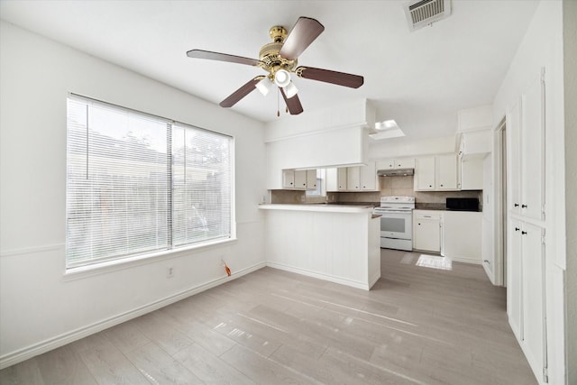 kitchen featuring white cabinetry, ceiling fan, backsplash, kitchen peninsula, and electric stove