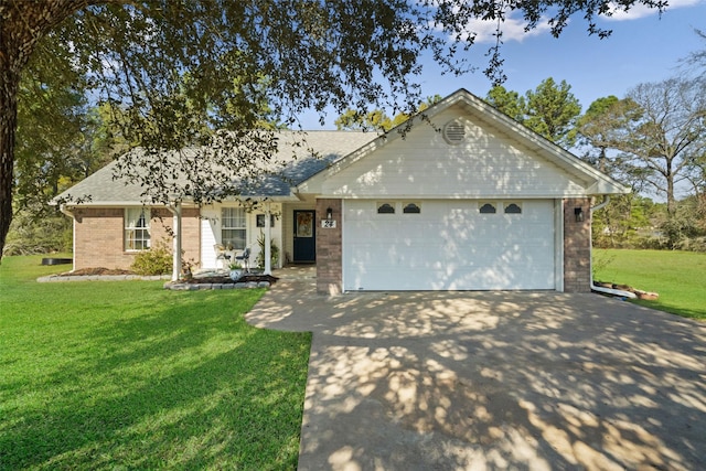 ranch-style home featuring a front yard and a garage