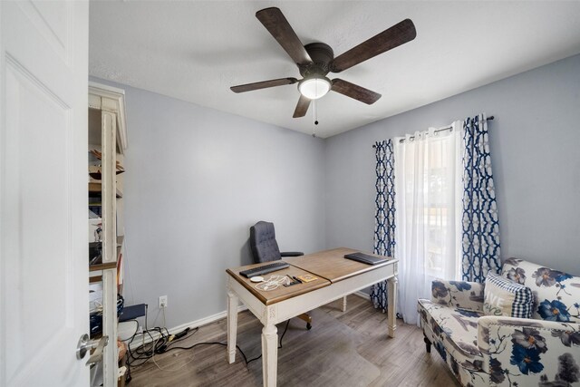 office space featuring hardwood / wood-style floors and ceiling fan