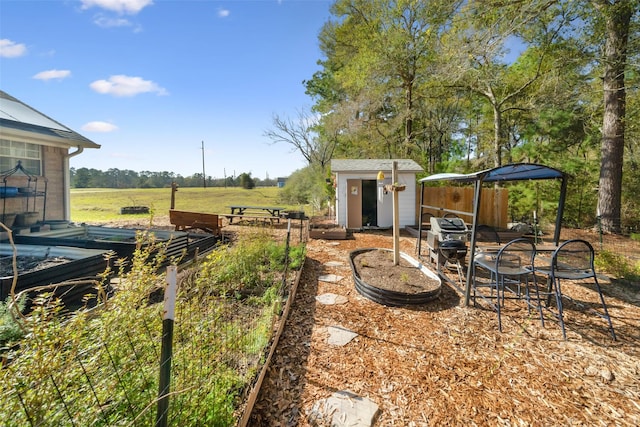 view of yard featuring a rural view and a storage shed