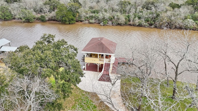 aerial view featuring a water view