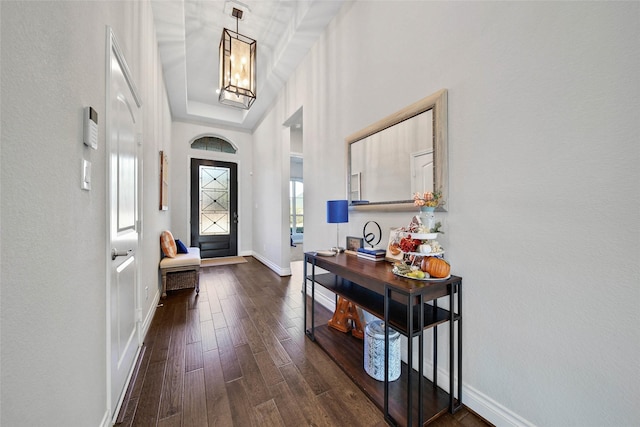 foyer featuring a raised ceiling, a chandelier, and dark hardwood / wood-style floors