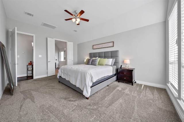 bedroom with ceiling fan and carpet floors