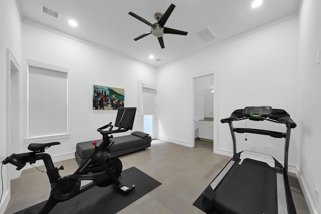 exercise room featuring ornamental molding and ceiling fan