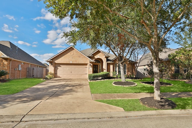 ranch-style house with a front yard and a garage