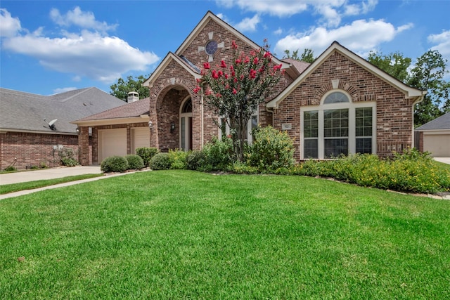 view of front property featuring a garage and a front lawn