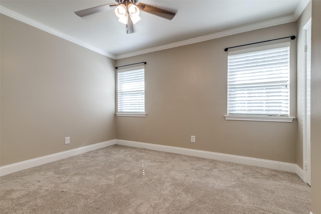 carpeted spare room with ceiling fan and ornamental molding