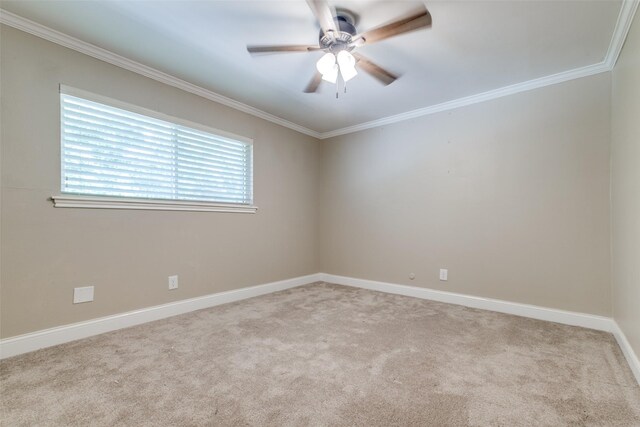 carpeted empty room with crown molding and ceiling fan